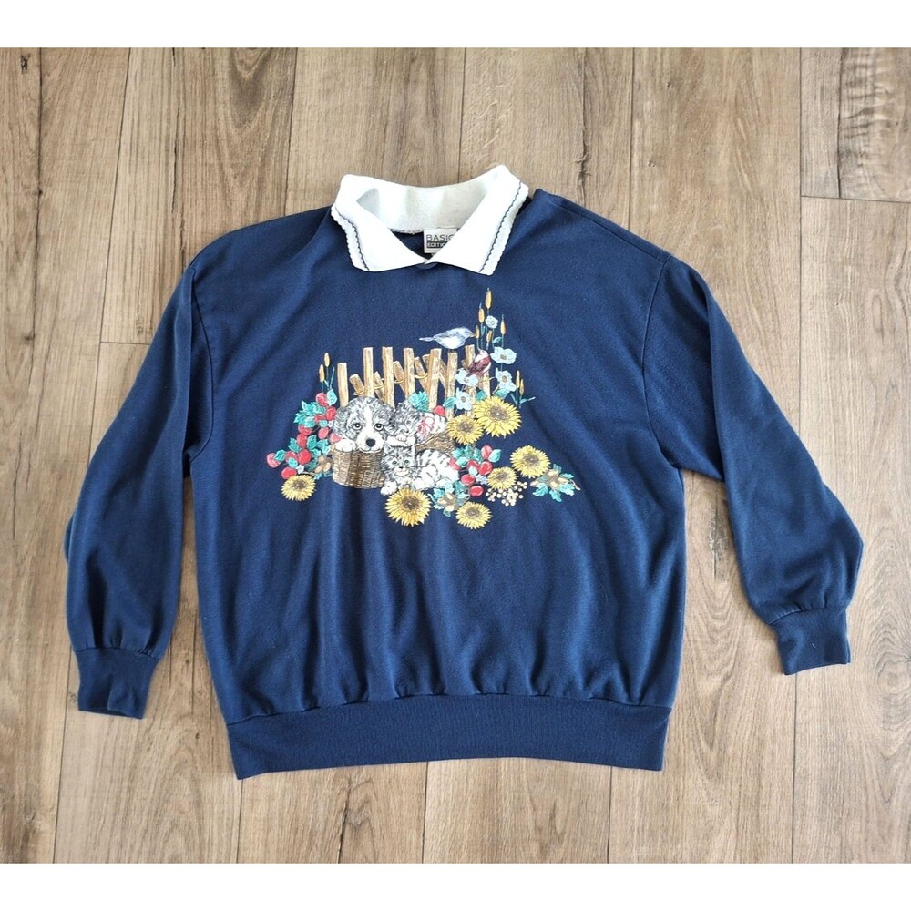 VTG Kittens Pups Sun Flowers Collared Sweatshirt Pullover Womens L Cottage Core